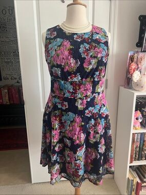 Tiana B. Navy Floral Fit & Flare Dress with Pink and Blue Blooms